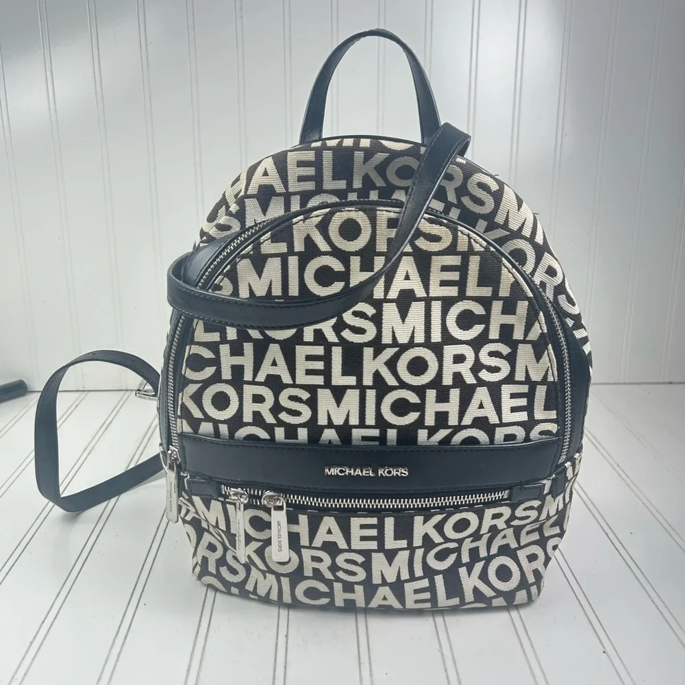 Michael Kors Kenly Large Backpack 35S0SY9B7J Black Multi White Logo NWT - Picture 2 of 10